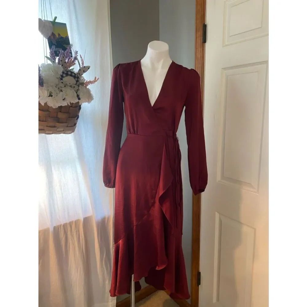 Wayf Burgundy Long Sleeve Wrap Midi Dress